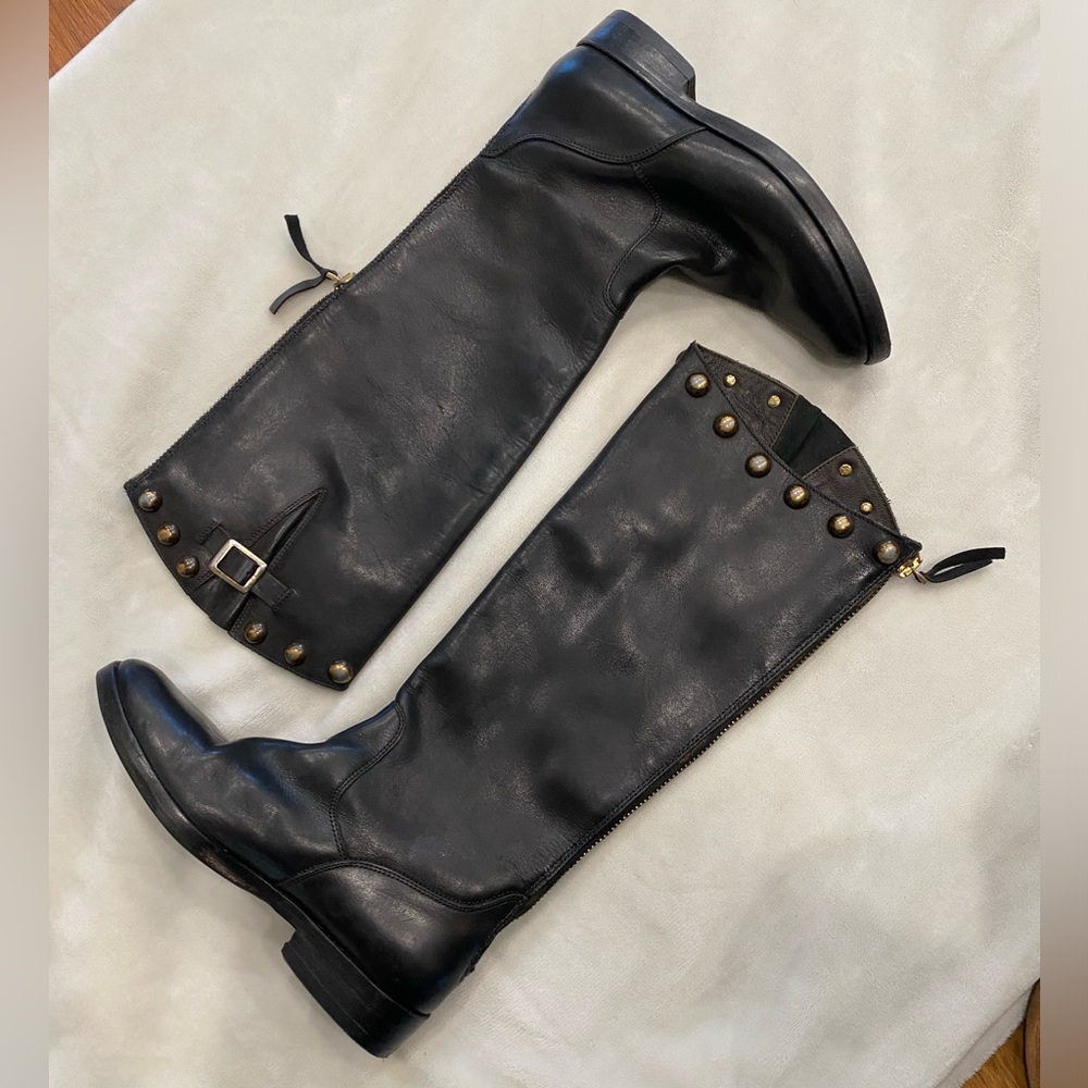 Golden Goose Black Heeled Boots with Gold Accents